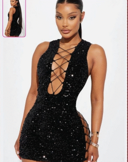 For Dreams 8484 Payetli Fantezi Siyah Mini Elbise