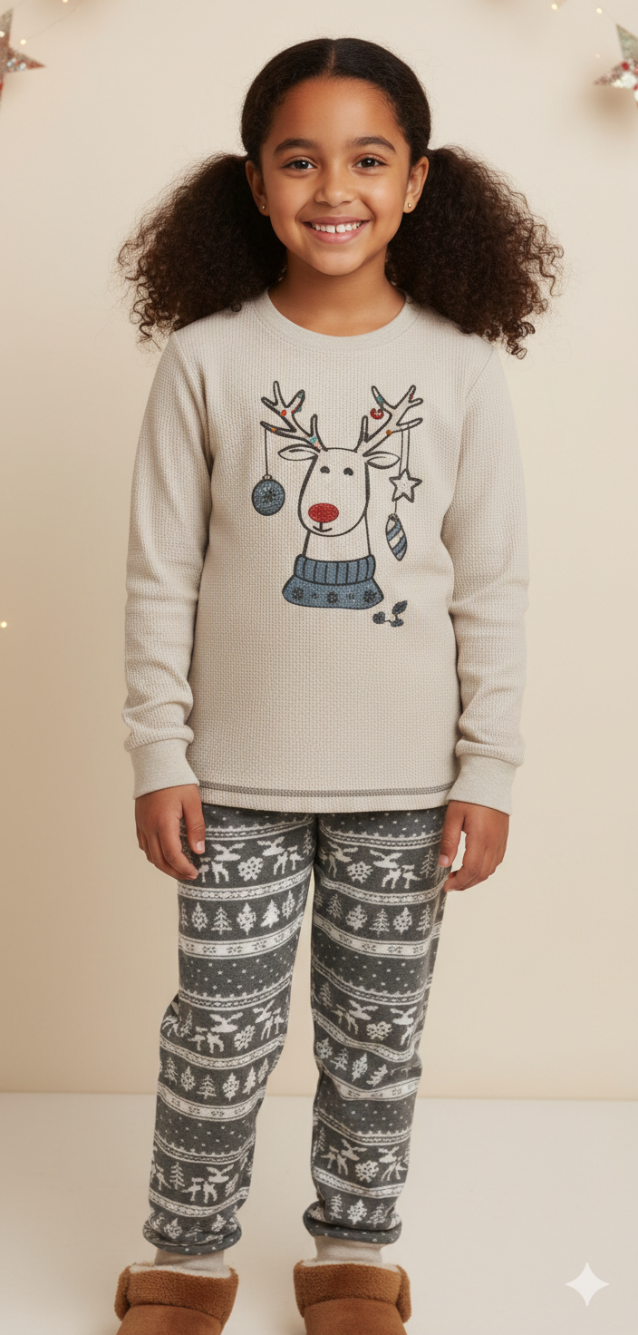 Arnetta AR2303 Kız Çocuk Geyik Desenli Noel Konsept Uzun Kol Pijama Takım